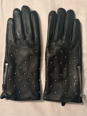Black Studded Faux Leather Gloves with Side Zip - Women Accessories